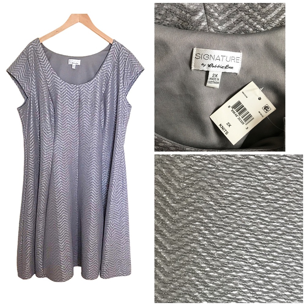Silver & Gray Cap Sleeve Scoop Neck Dress 2X  NEW